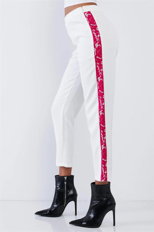 White High Waisted Capri With Hot Pink Lace Side Leg Trim /1-2-2-1 - Tasha Apparel Wholesale