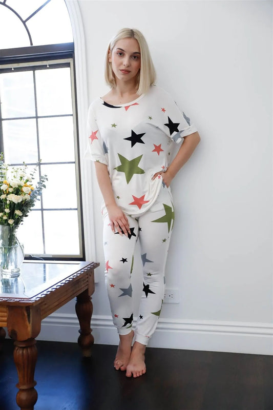 Ivory Multi Color Star Print Short Sleeve Top & Sweatpants Set - Tasha Apparel Wholesale