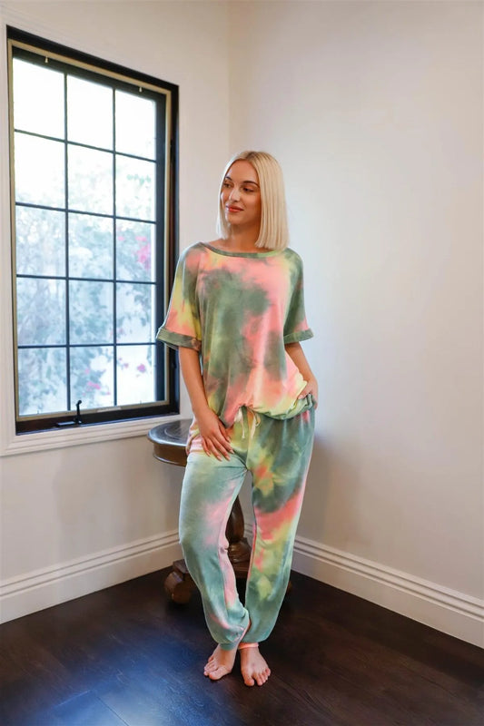Olive Pink & Light Green Tie-Dye Short Sleeve Top & Sweatpants Set /1-1-1 - Tasha Apparel Wholesale