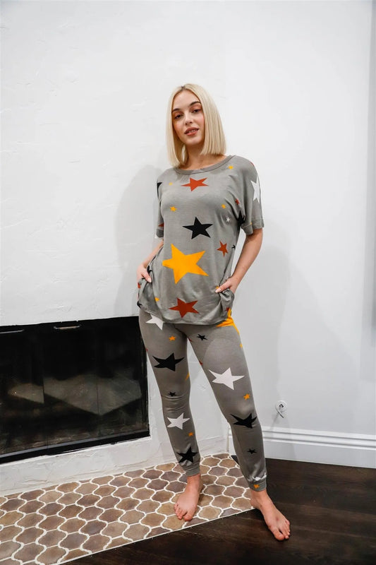Sage Multi Color Star Print Short Sleeve Top & Sweatpants Set - Tasha Apparel Wholesale