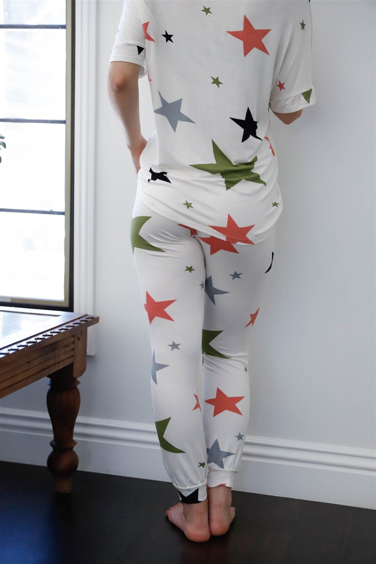 Junior Plus Size Ivory Multi Color Star Print Short Sleeve Top & Sweatpants Set