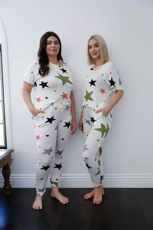 Junior Plus Size Ivory Multi Color Star Print Short Sleeve Top & Sweatpants Set - Tasha Apparel Wholesale