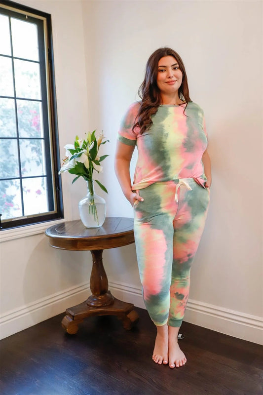 Junior Plus Size Olive Pink & Light Green Tie-Dye Short Sleeve Top & Sweatpants Set - Tasha Apparel Wholesale