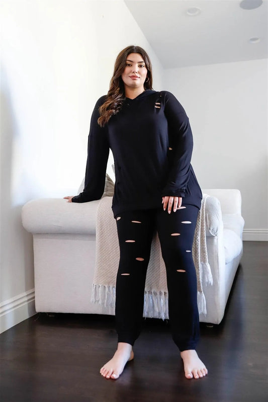 Junior Plus Black Distressed Hooded Long Sleeve Top & Pants Set /1-1-1 - Tasha Apparel Wholesale
