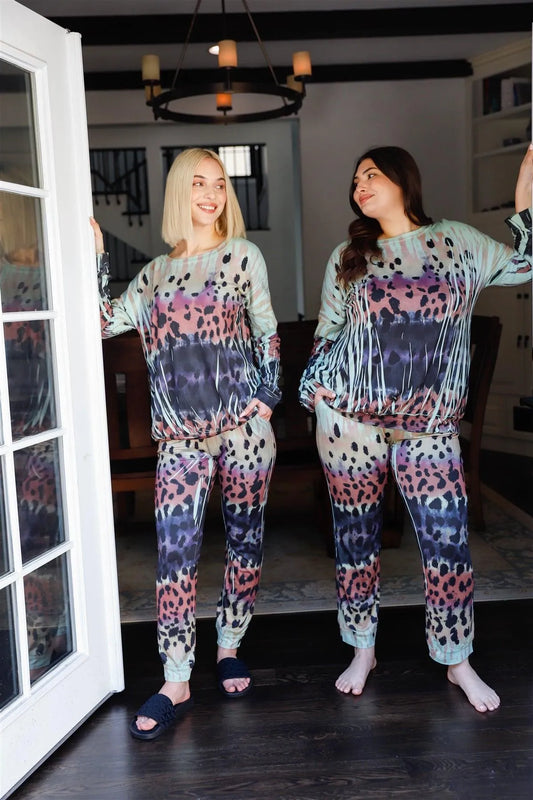Junior Plus Dark Sage Animal Print Long Sleeve T-Shirt & Sweatpants Set /1-1-1 - Tasha Apparel Wholesale