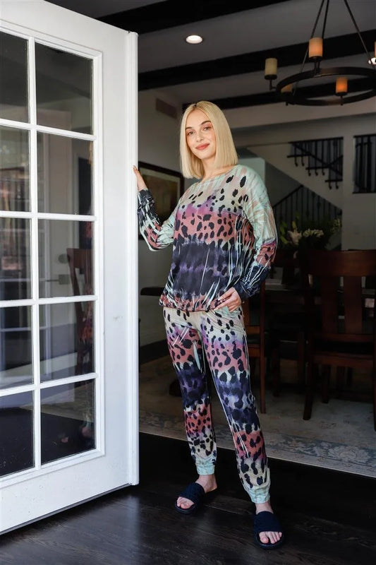 Dark Sage Animal Print Long Sleeve T-Shirt & Sweatpants Set - Tasha Apparel Wholesale