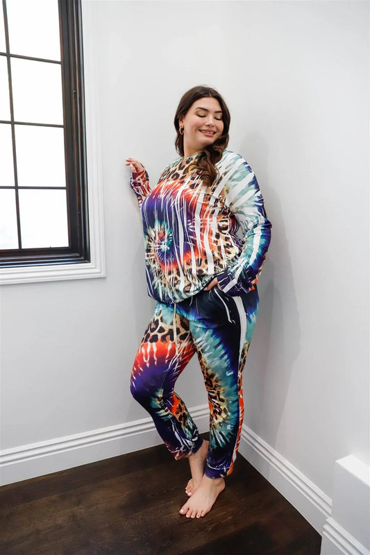 Junior Plus Ivory Animal Multi Color Print Hooded Long Sleeve Top & Pants Set /1-1-1 - Tasha Apparel Wholesale