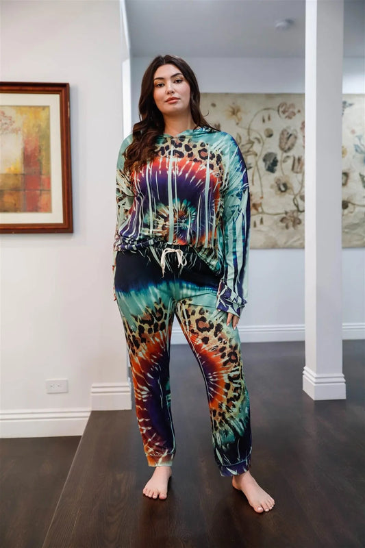 Junior Plus Sage Animal Multi Color Print Hooded Long Sleeve Top & Pants Set - Tasha Apparel Wholesale