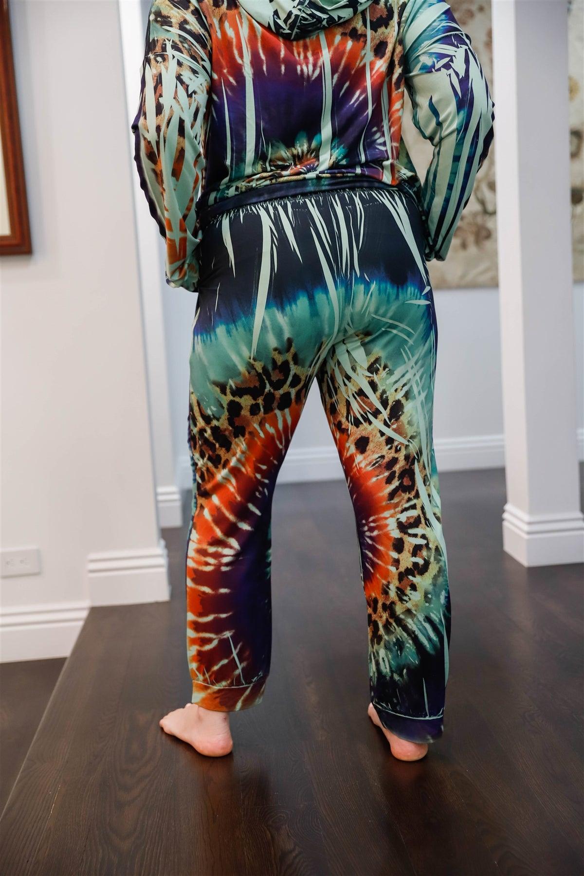Junior Plus Sage Animal Multi Color Print Hooded Long Sleeve Top & Pants Set