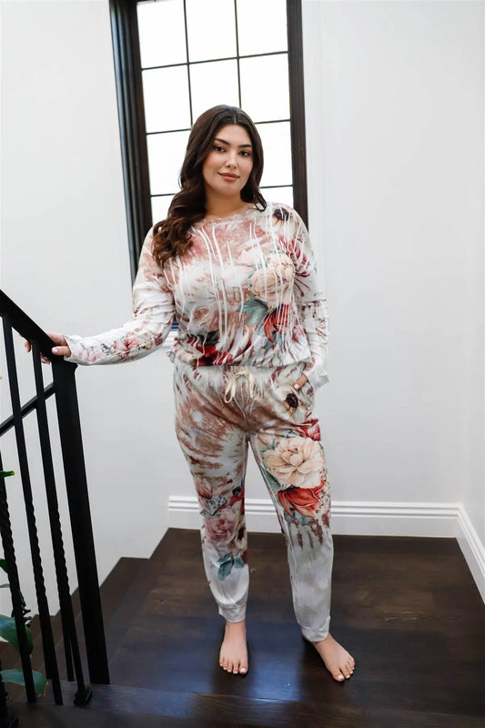 Junior Plus Size Ivory Floral Tie-Dye Long Sleeve Top & Sweatpants Set - Tasha Apparel Wholesale
