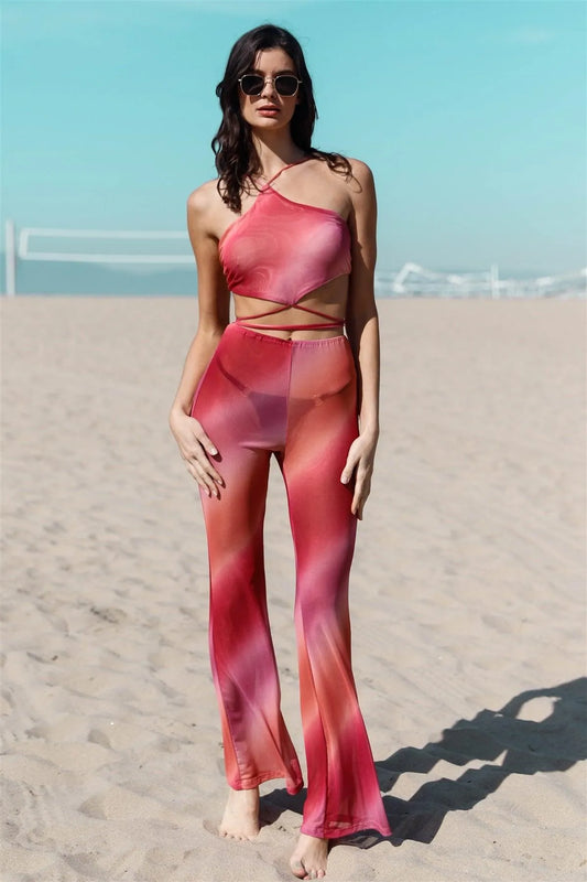 Tie-Dye Mesh Halter Neck Wrap Top Flare Pant Set - Tasha Apparel Wholesale