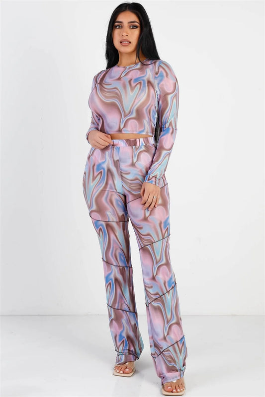 Purple Multi Color Swirl Mesh Long Sleeve Top & Reverse Stitch Flare Pant Set /3-2-1 - Tasha Apparel Wholesale