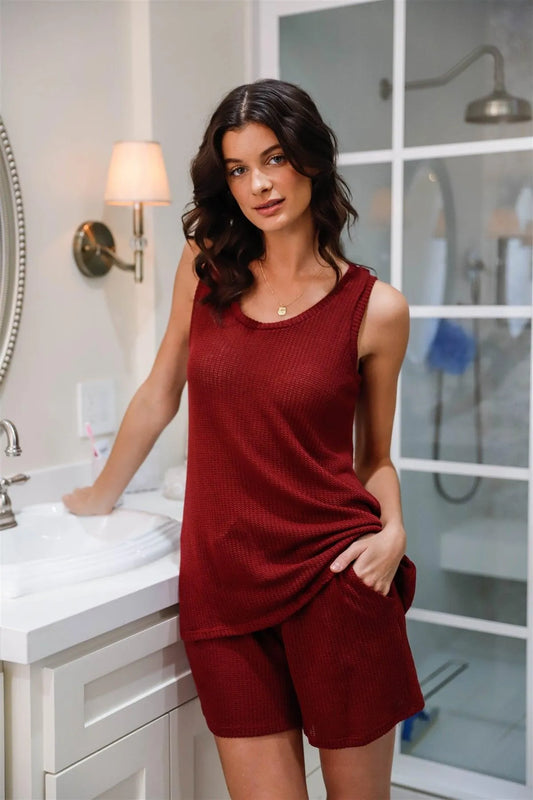 Burgundy Knit Tank Top & Shorts Loungewear Set - Tasha Apparel Wholesale