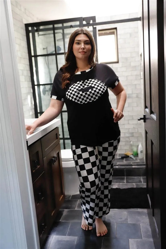 Junior Plus Black & White Checkboard Pattern Lips Graphic Short Sleeve Top & Sweatpants Set - Tasha Apparel Wholesale