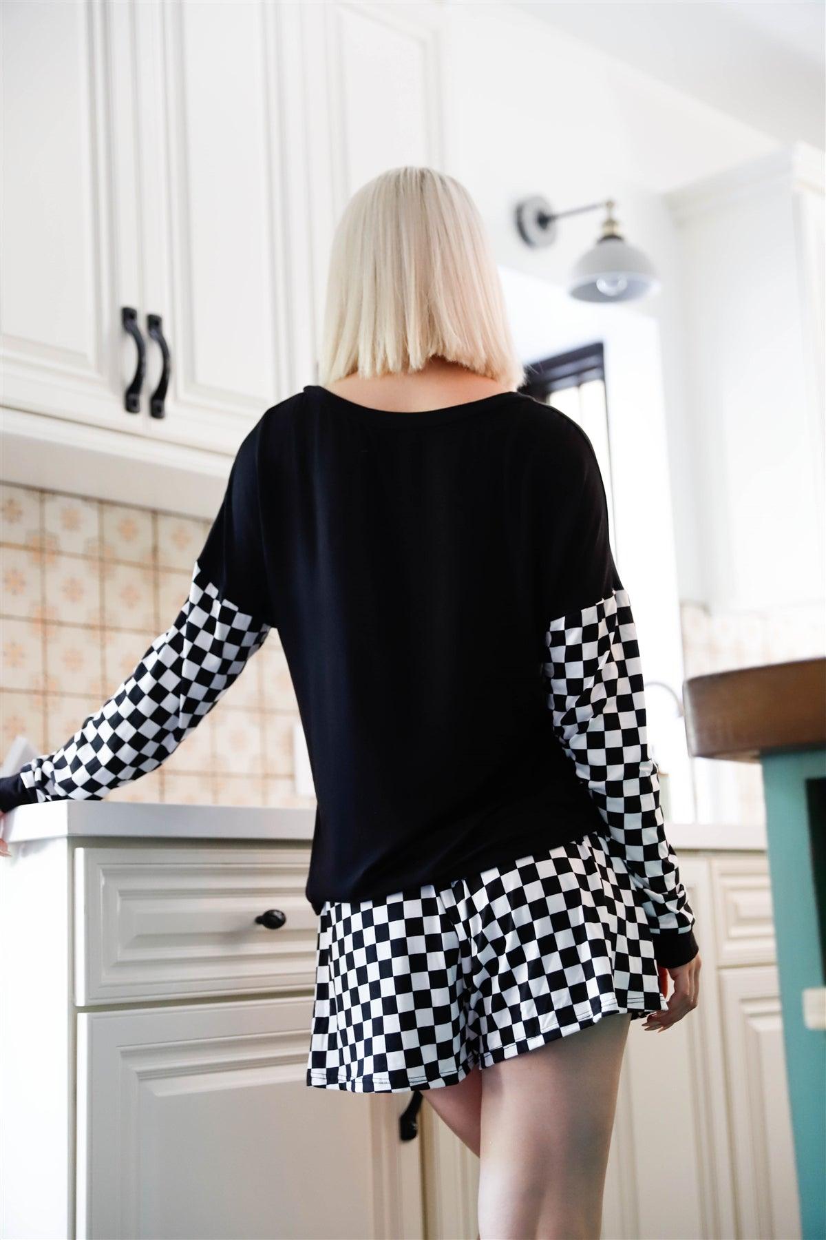 Black & White Checkered Pattern Long Sleeve Top & Shorts Set /1-1-1
