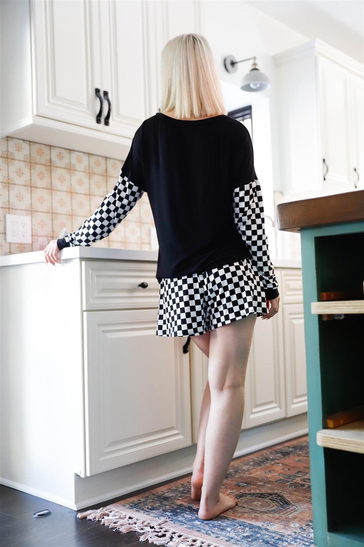 Black & White Checkered Pattern Long Sleeve Top & Shorts Set /1-1-1
