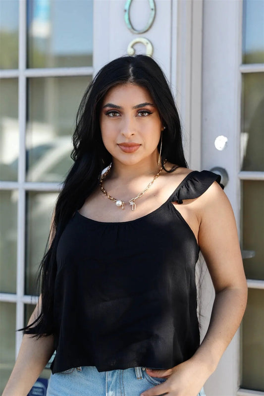 Black Ruffle Straps Back Cut-Out Self-Tie Detail Top /3-2-1 - Tasha Apparel Wholesale