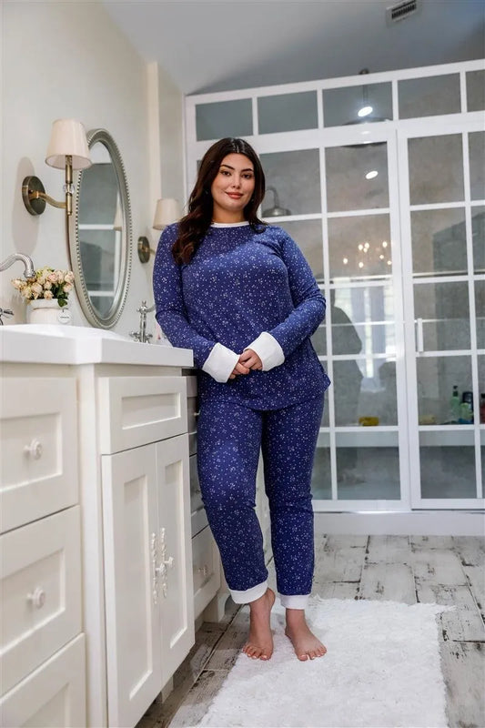 Junior Plus Size Navy Floral Print Long Sleeve Crewneck & Sweatpants Set - Tasha Apparel Wholesale