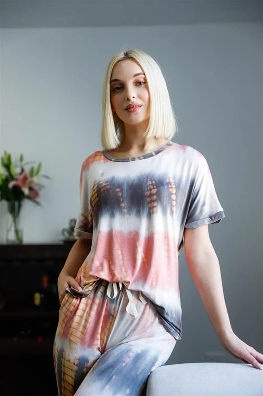 Mauve & Mocha Tie-Dye Short Sleeve Top & Sweatpants Set /1-1-1 - Tasha Apparel Wholesale