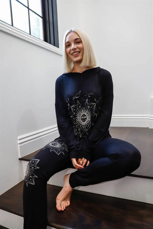 Black & Taupe Moon Sun Astronomy Print Hooded Long Sleeve Top & Pants Set /1-1-1 - Tasha Apparel Wholesale