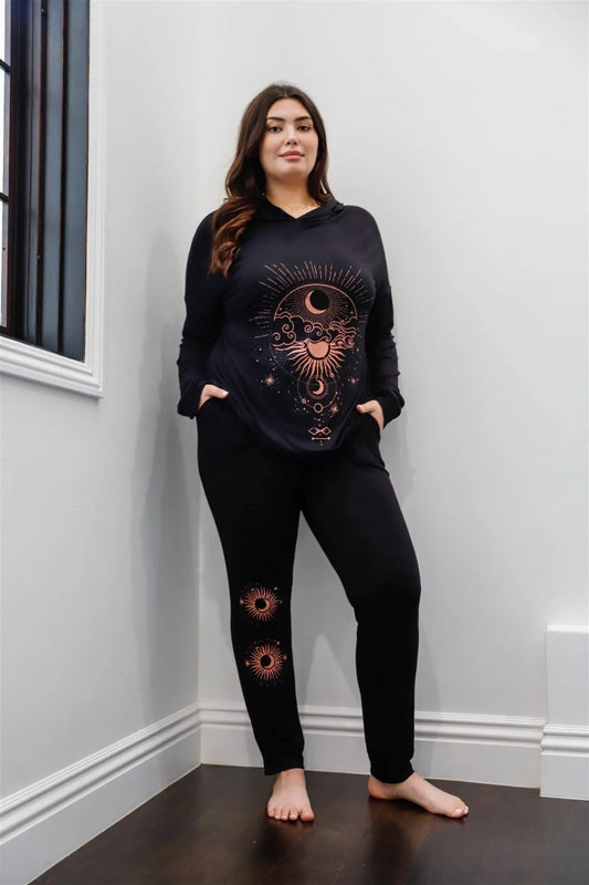 Junior Plus Black & Pink Moon Sun Astronomy Print Hooded Long Sleeve Top & Pants Set /1-1-1 - Tasha Apparel Wholesale
