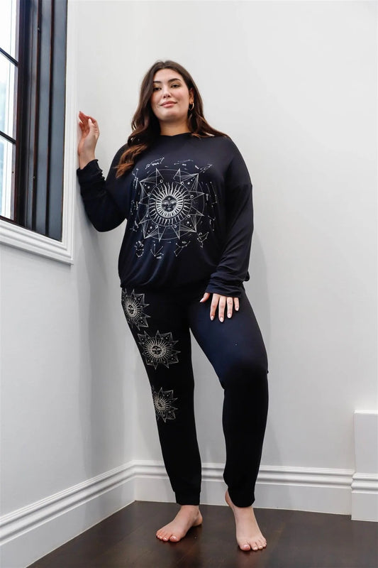 Junior Plus Black & Taupe Moon Sun Astronomy Print Hooded Long Sleeve Top & Pants Set /1-1-1 - Tasha Apparel Wholesale