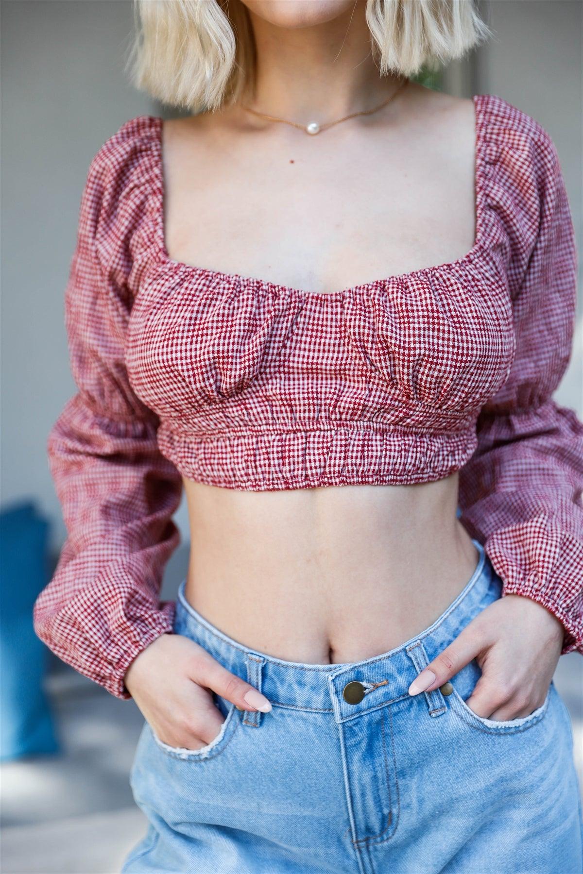 Red & White Cotton Gingham Puff Long Sleeve Bustier Crop Top /3-2-1