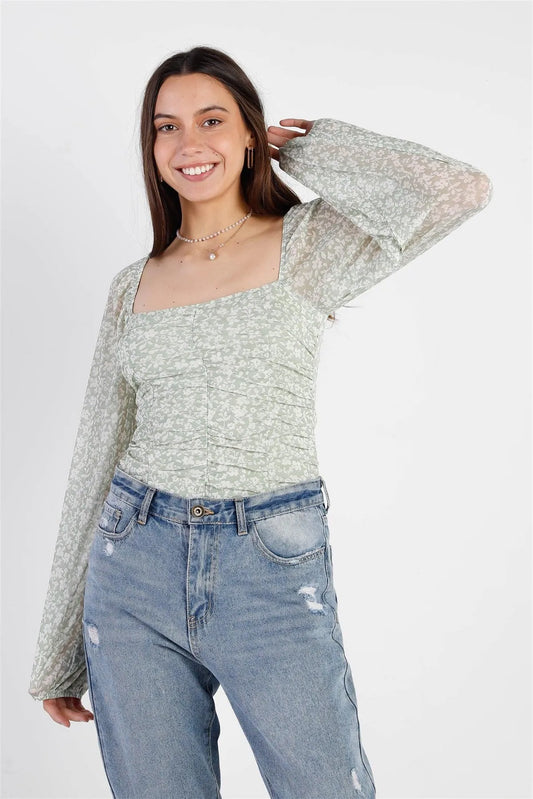 Sage White Floral Print Mesh Ruched Long Balloon Sleeve Bodysuit /3-2-1 - Tasha Apparel Wholesale