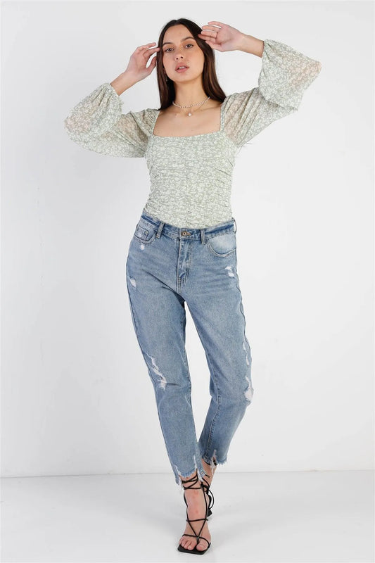 Sage White Floral Print Mesh Ruched Long Balloon Sleeve Bodysuit /2-2-1 - Tasha Apparel Wholesale
