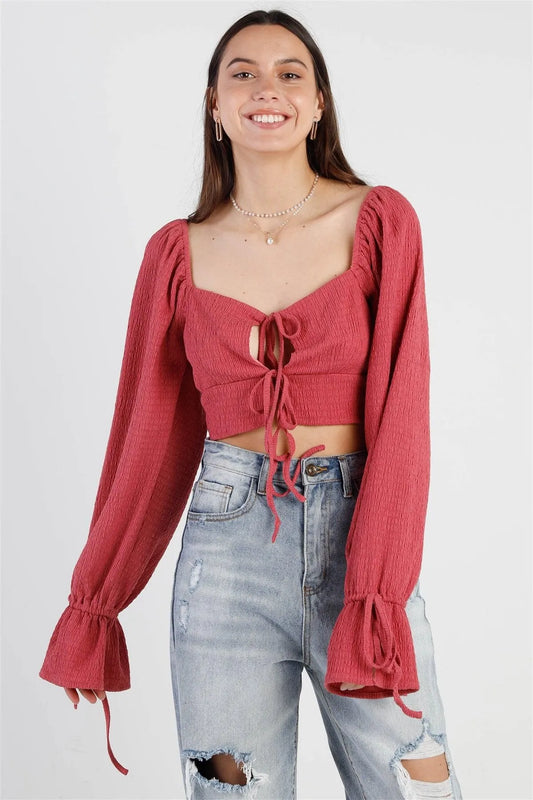 Rose Textured Self-Tie Front & Balloon Sleeve Details Crop Top /3-2-1 - Tasha Apparel Wholesale