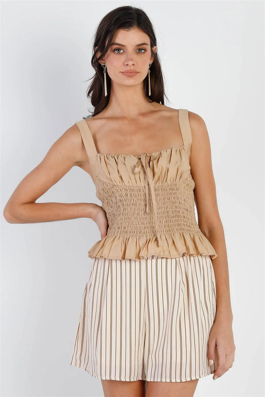Tan Smocked Bustier Self-Tie Detail Sleeveless Top /2-2-1 - Tasha Apparel Wholesale