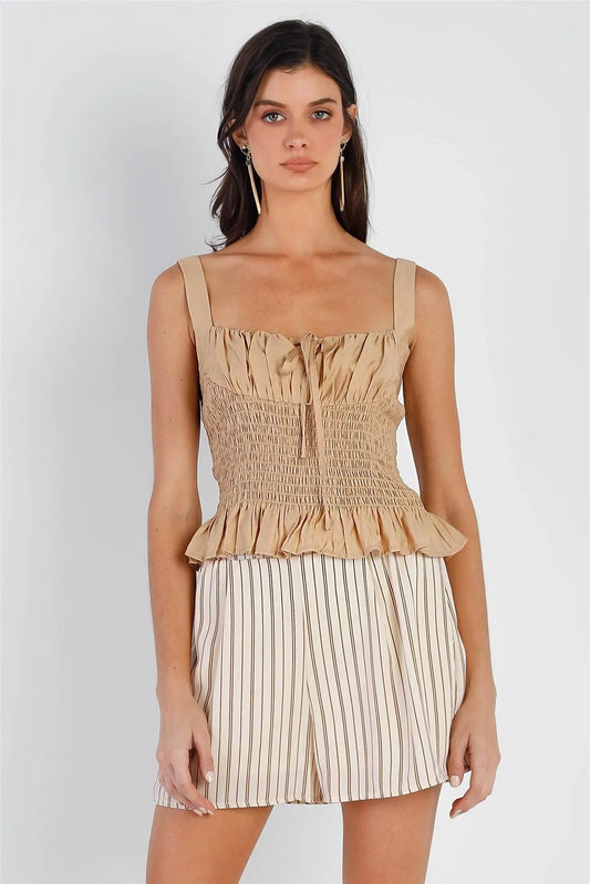 Tan Smocked Bustier Self-Tie Detail Sleeveless Top /3-2-1 - Tasha Apparel Wholesale