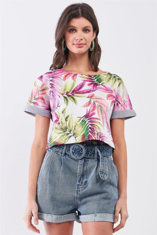 Pink & Green Hawaiian Palm Tree Print Relaxed Crop Sweat Top /1-2-2-1 - Tasha Apparel Wholesale