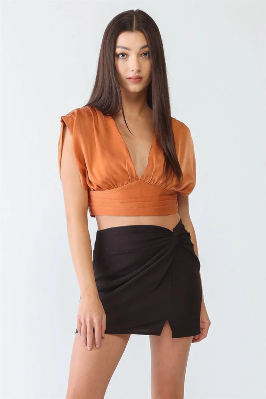 Burnt Orange Satin V-Neck Dolman Short Sleeve Crop Top /3-2-1 - Tasha Apparel Wholesale