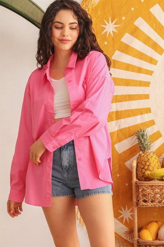 Hot Pink Cotton Collared Neck Button-Up One Pocket Long Sleeve Shirt /3-2-1 - Tasha Apparel Wholesale