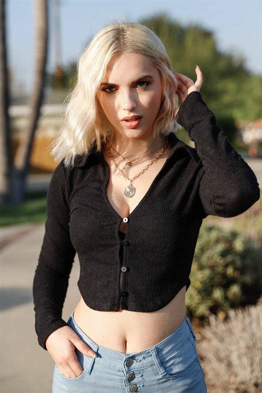 Black Textured Collared V-Neck Shirt Crop Top /3-2-1 - Tasha Apparel Wholesale