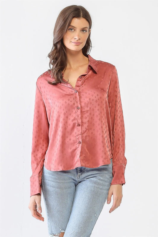 Satin Diamond Print Long Sleeve Button-Up Shirt /3-2-1 - Tasha Apparel Wholesale