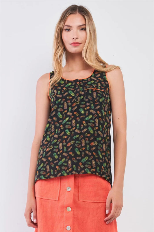 Pineapple Paradise Black & Green Sleeveless Pineapple Print Single Pocket Detail Tank Top /1-2-2-1 - Tasha Apparel Wholesale