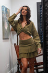Olive Textured Twisted Front Collared Top & Ruffle Mini Skirt Set /3-2-1
