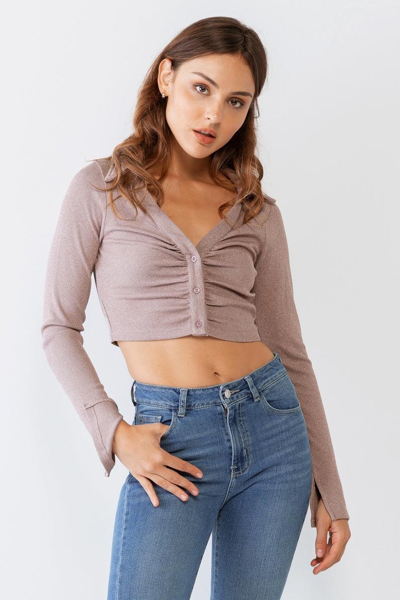 Mauve Collared V-Neck Button-Up Long Sleeve Crop Top /3-2-1