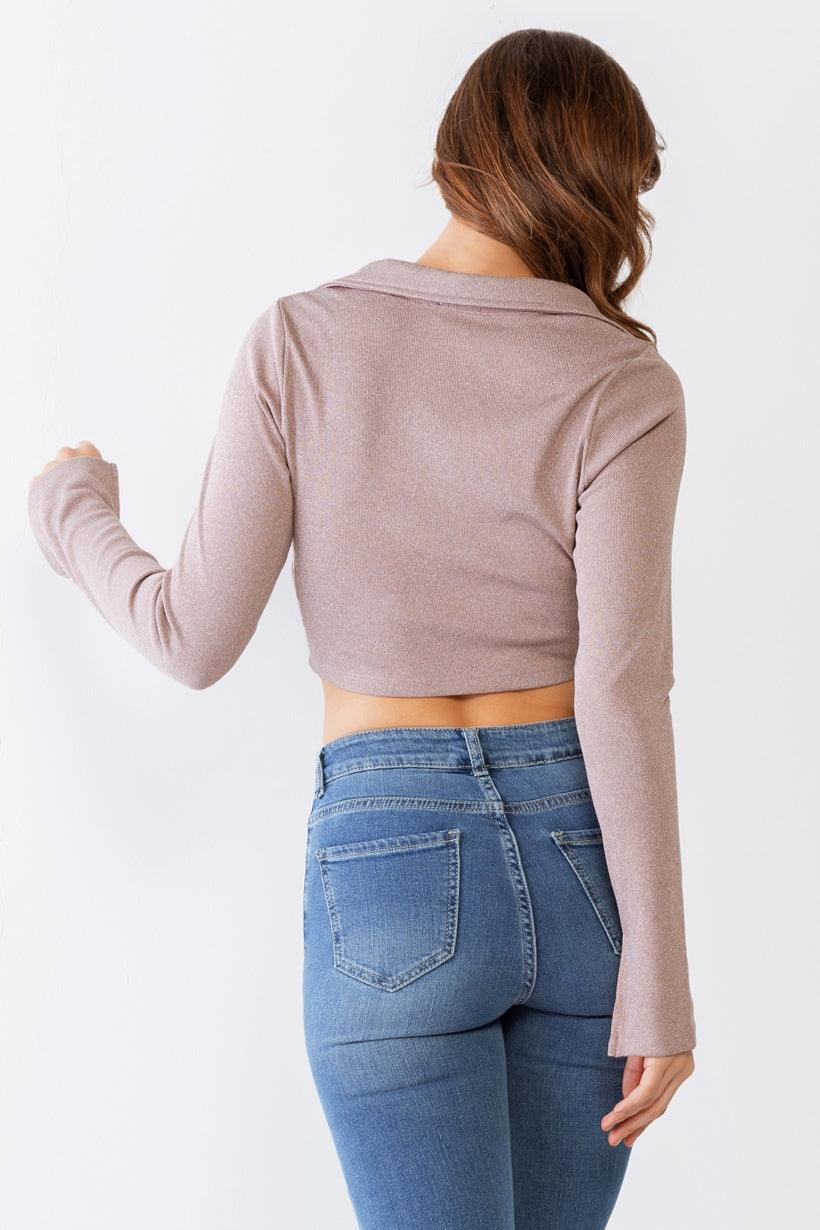 Mauve Collared V-Neck Button-Up Long Sleeve Crop Top /3-2-1