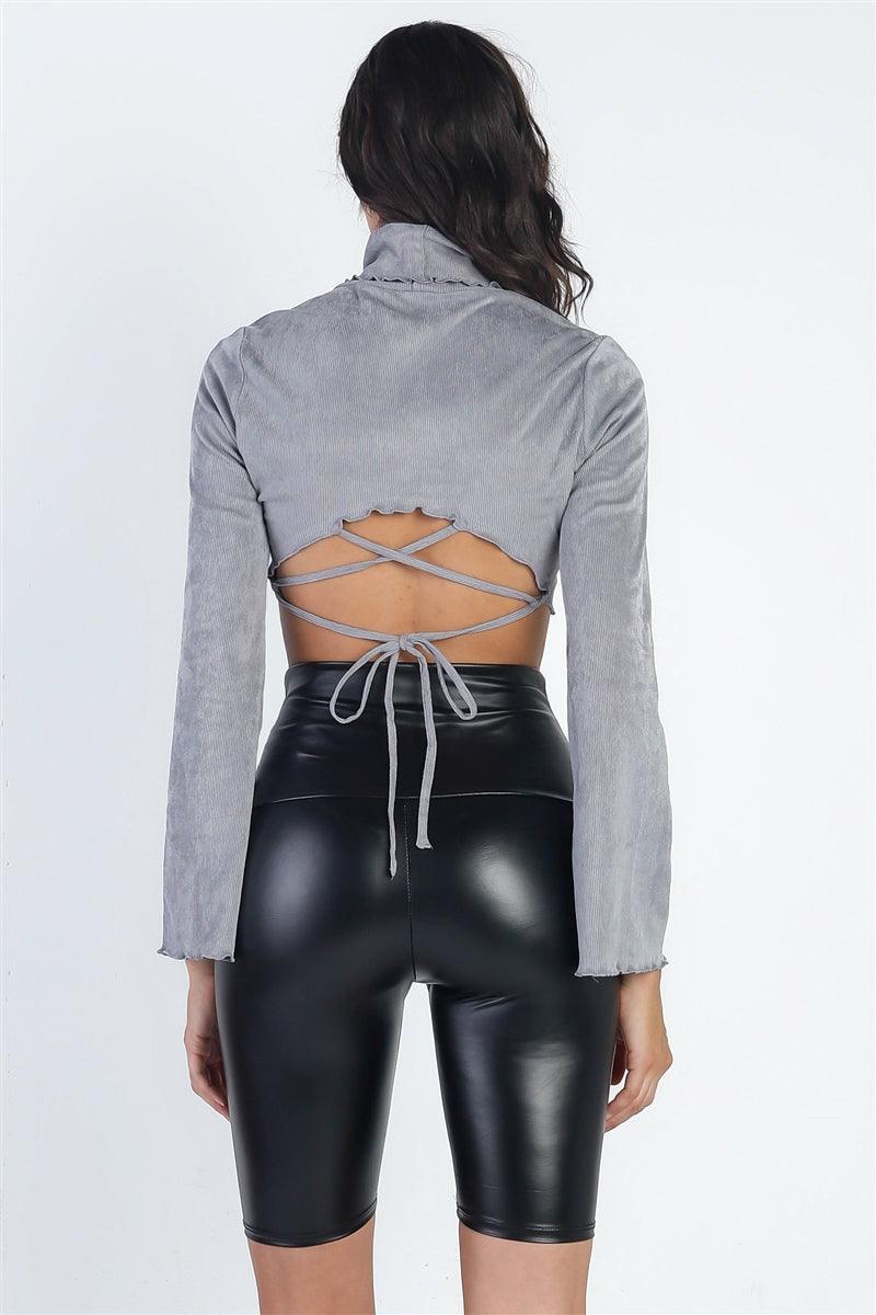 Grey Ribbed Suede Back Lace Down Turtle Neck Crop Top /3-2-1