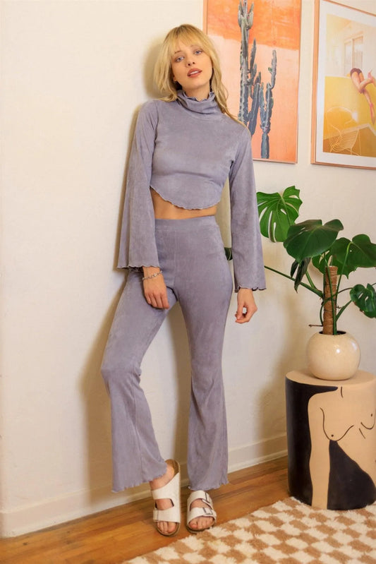 Grey Ribbed Suede Back Lace Down Turtle Neck Crop Top & Flare Pant Set /3-2-1 - Tasha Apparel Wholesale