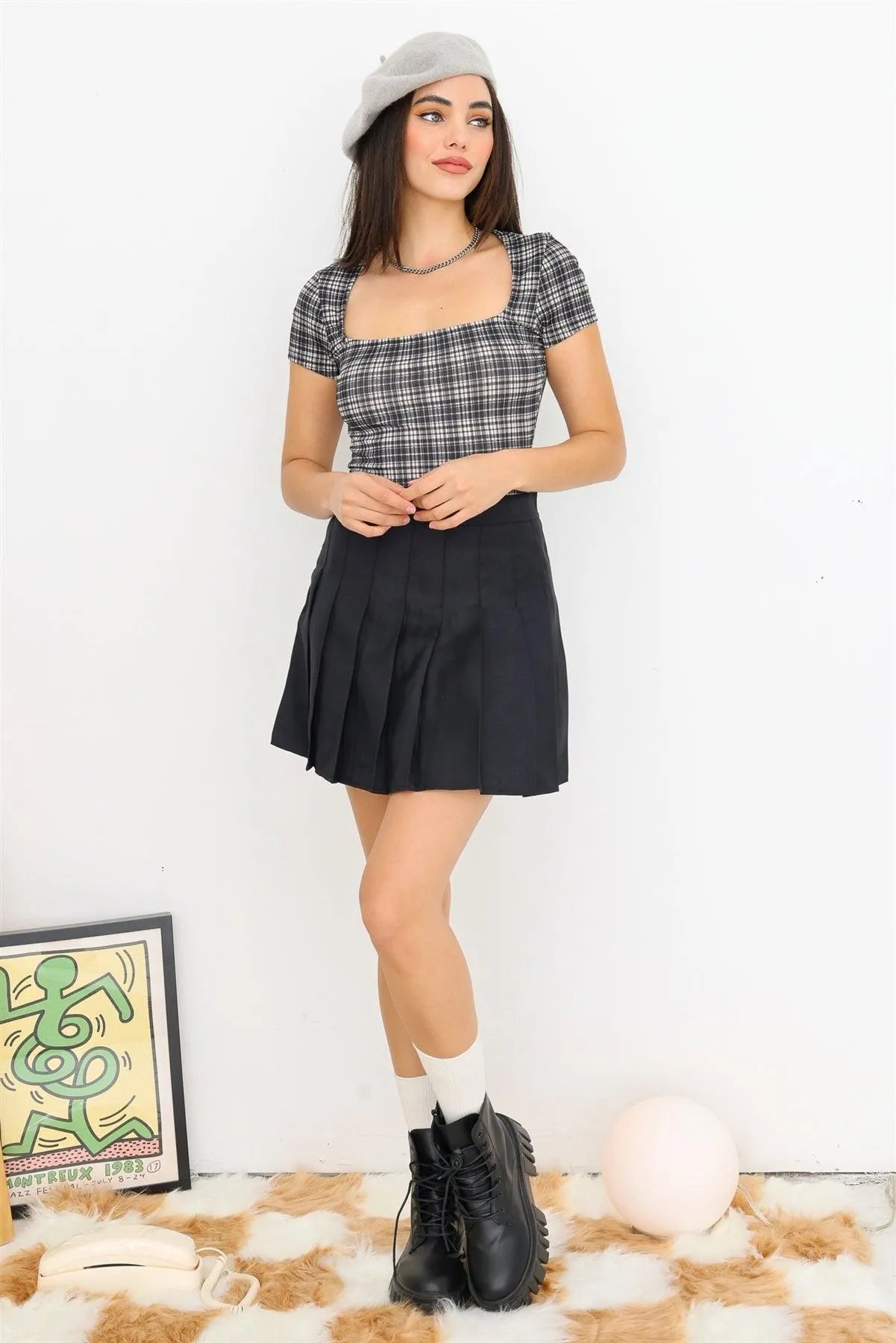 Plaid Short Sleeve Square Neck Fitted Bodysuit /3-2-1 - Tasha Apparel Wholesale