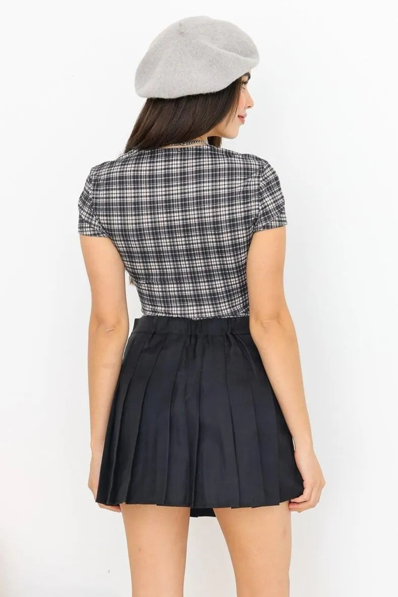 Plaid Short Sleeve Square Neck Fitted Bodysuit /3-2-1 - Tasha Apparel Wholesale