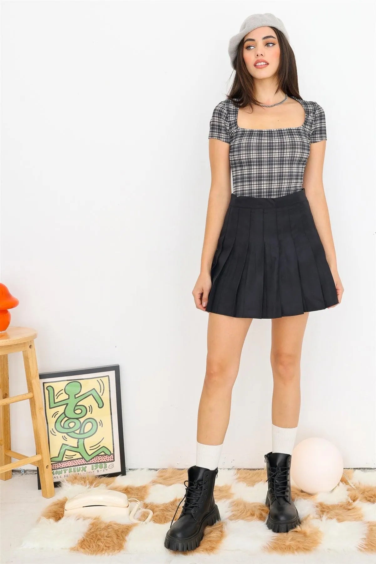 Plaid Short Sleeve Square Neck Fitted Bodysuit /3-2-1 - Tasha Apparel Wholesale
