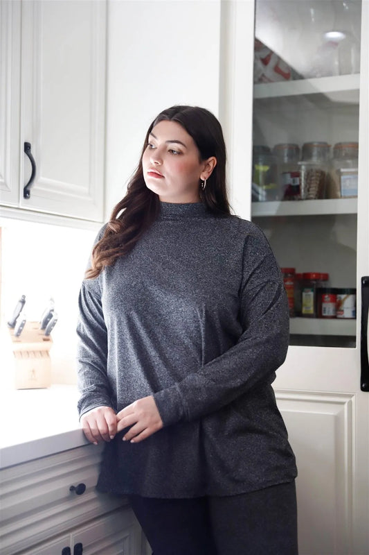 Charcoal Mock Neck Long Sleeve Top & High Waist Legging Pants Set /2-2-2 - Tasha Apparel Wholesale
