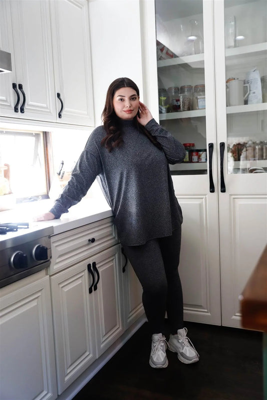 Charcoal Mock Neck Long Sleeve Top & High Waist Legging Pants Set /1-2-2 - Tasha Apparel Wholesale