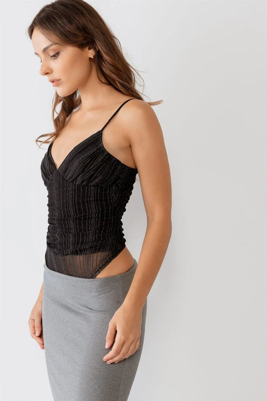 Black Shiny Mesh Ruched Sleeveless Bodysuit /2-2-1 - Tasha Apparel Wholesale