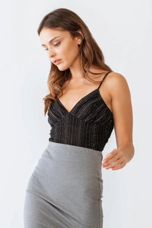 Black Shiny Mesh Ruched Sleeveless Bodysuit /3-2-1 - Tasha Apparel Wholesale